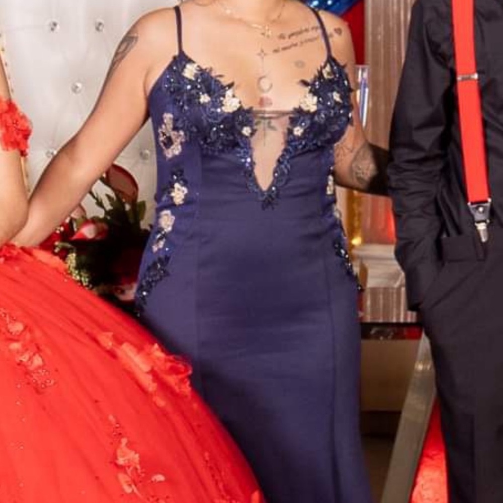 Navy Spaghetti-Strap Embroidered Prom Dress